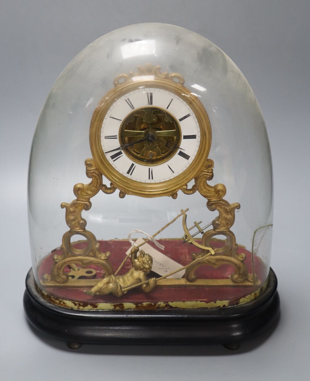A 19th century French swinging cherub mantel timepiece under glass dome, French movement with exposed escapement, 35cm high